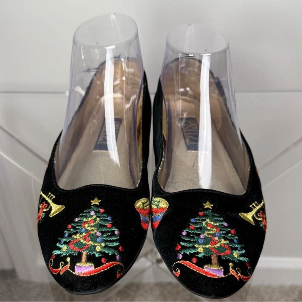 Vintage Pritzi Christmas Tree Embroidered Black Velvet Ballet Flats Size 7